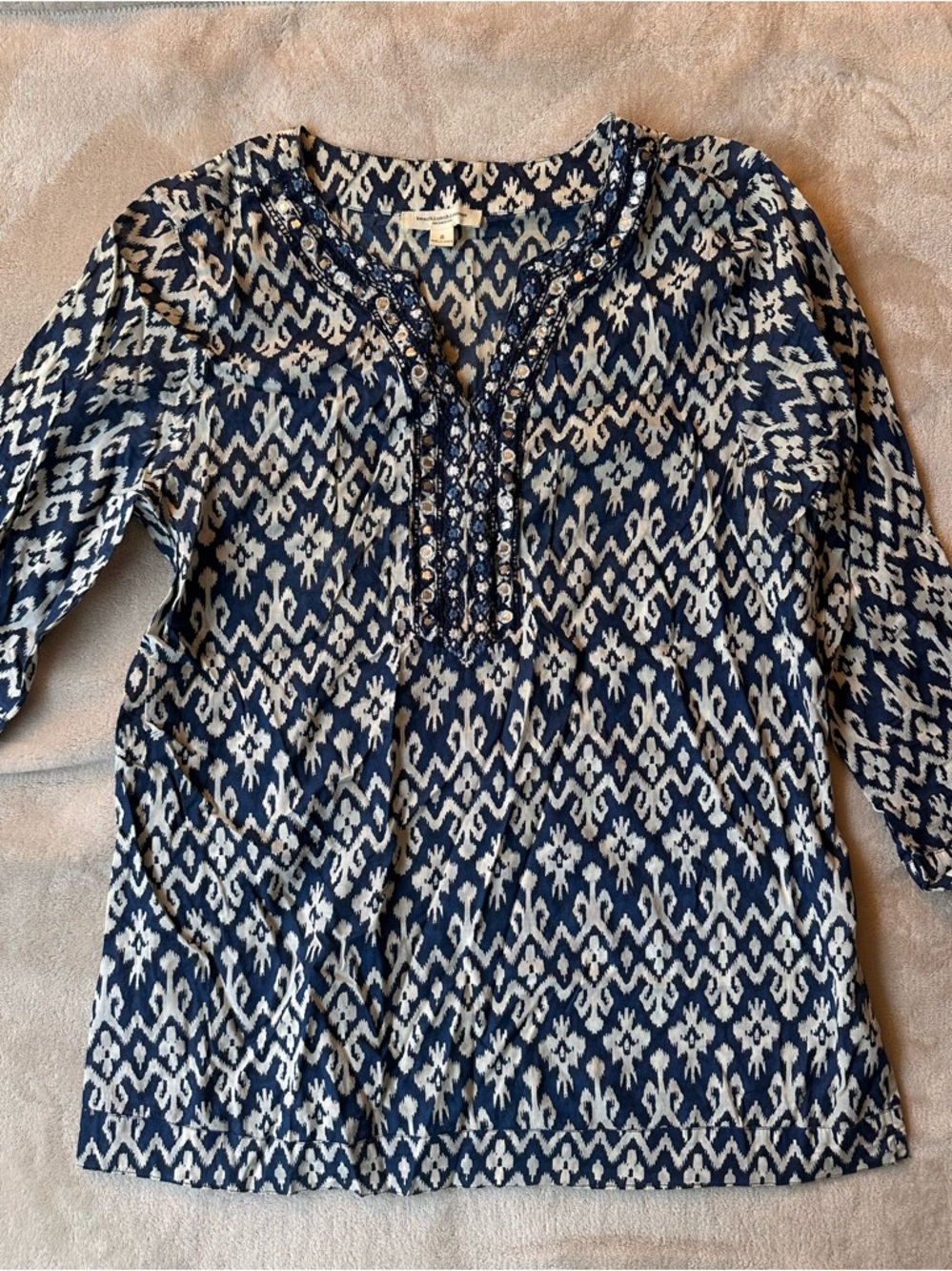 Navy and White Embroidered Tunic Top